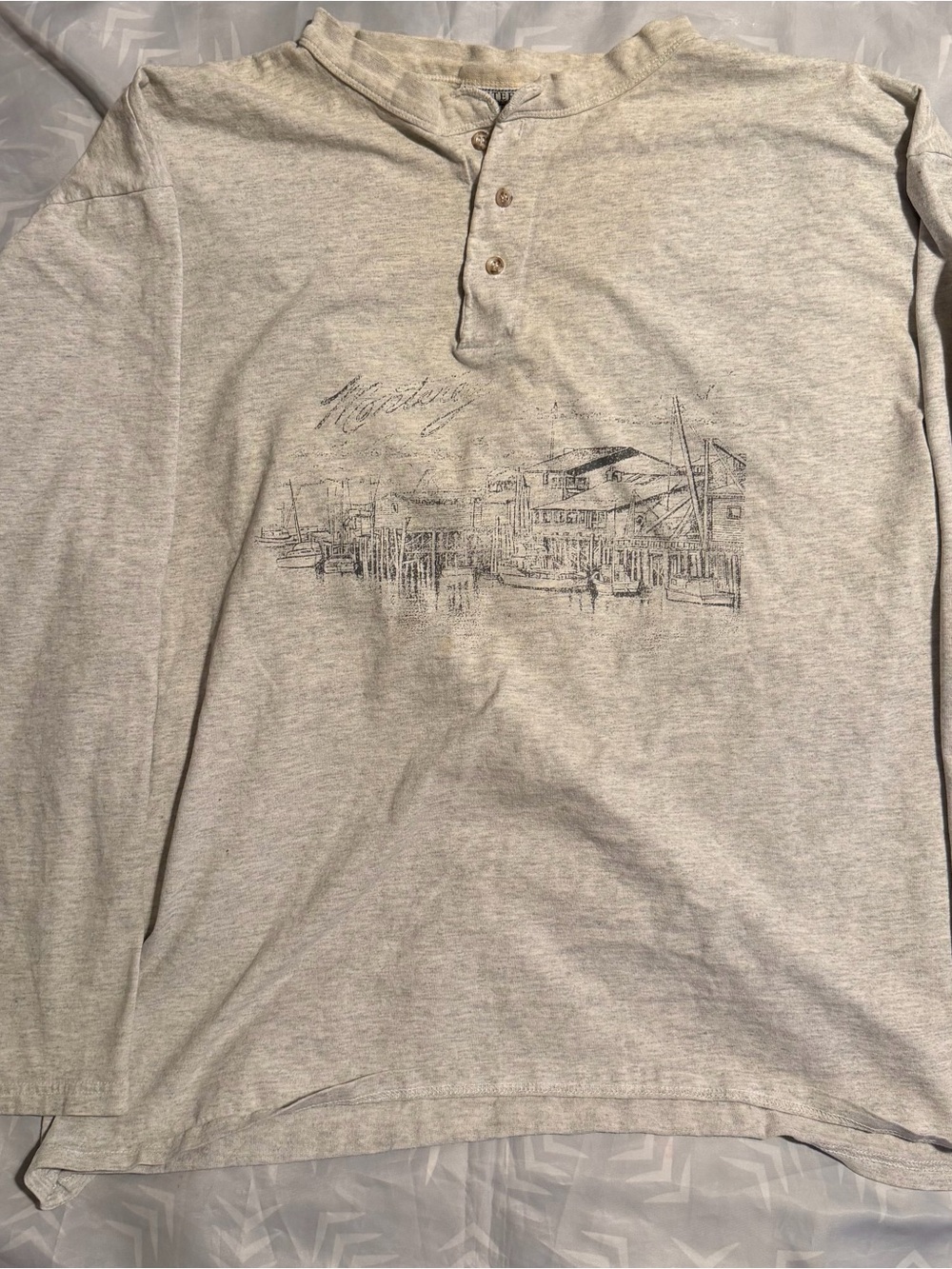 Vintage 90s Santee Henley USA Made Monterey California Harbor Sketch Heavyweight